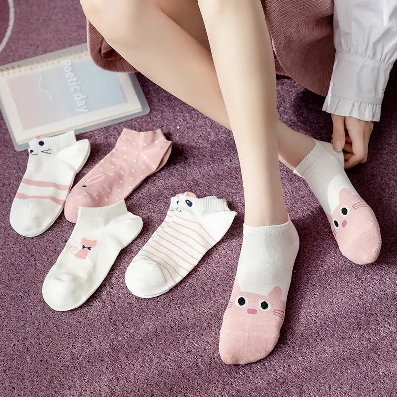 5pairs: Pink Kitty Crew Socks Women's Shoes & Accessories - DailySale