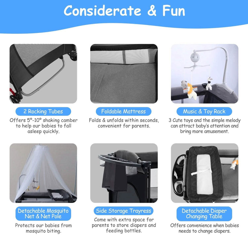 6-in-1 Foldable Baby Crib with Activity Center Diaper Changing Table Baby - DailySale