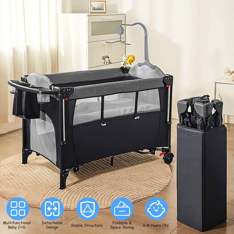 6-in-1 Foldable Baby Crib with Activity Center Diaper Changing Table Baby - DailySale
