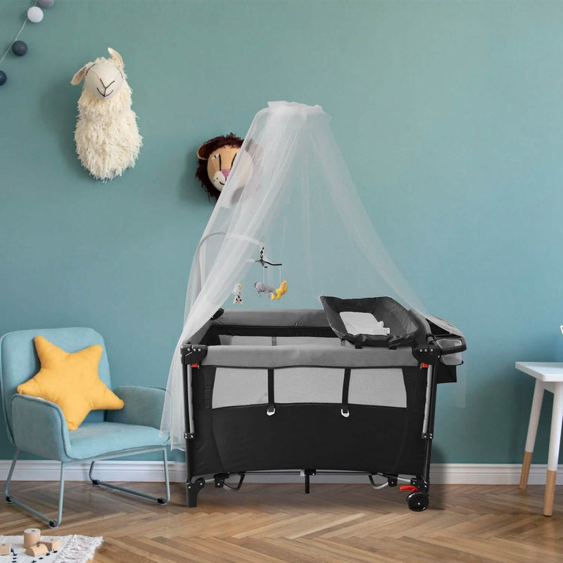 6-in-1 Foldable Baby Crib with Activity Center Diaper Changing Table Baby - DailySale