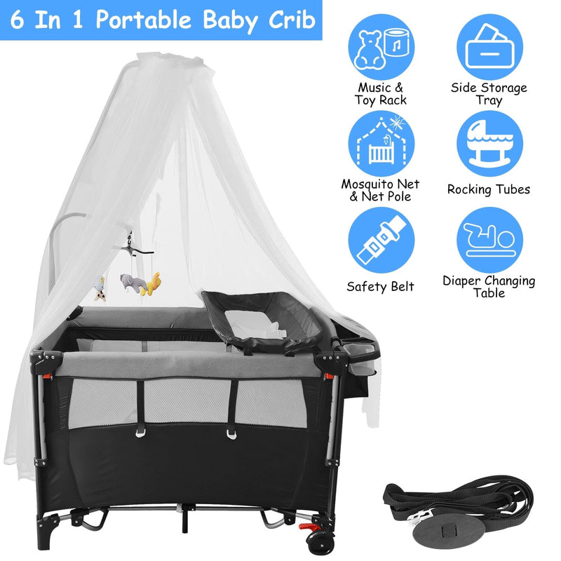 6-in-1 Foldable Baby Crib with Activity Center Diaper Changing Table Baby - DailySale