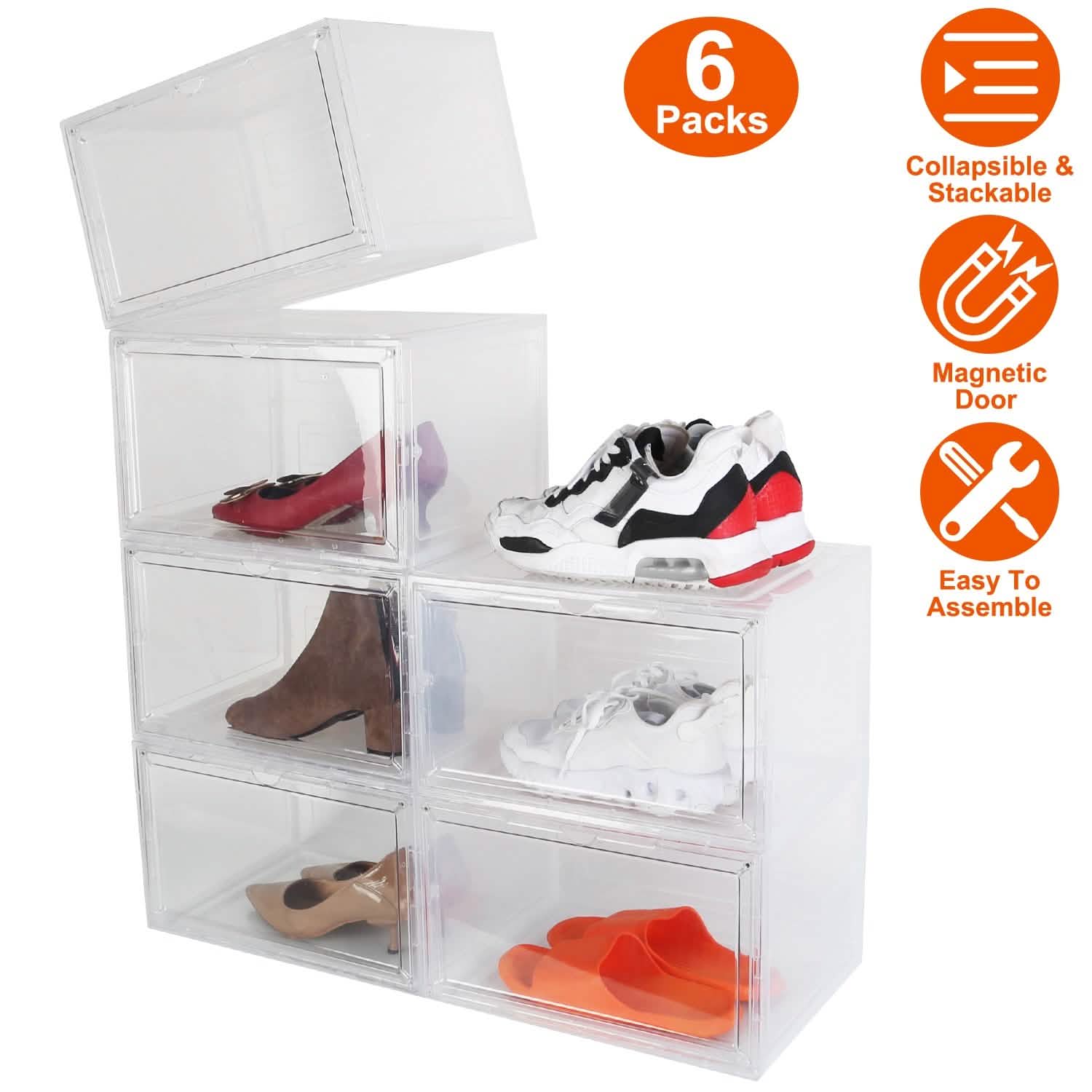 6-Pack: Collapsible Shoe Box Stackable Shoe Storage Bin with Magnetic Door Closet & Storage - DailySale