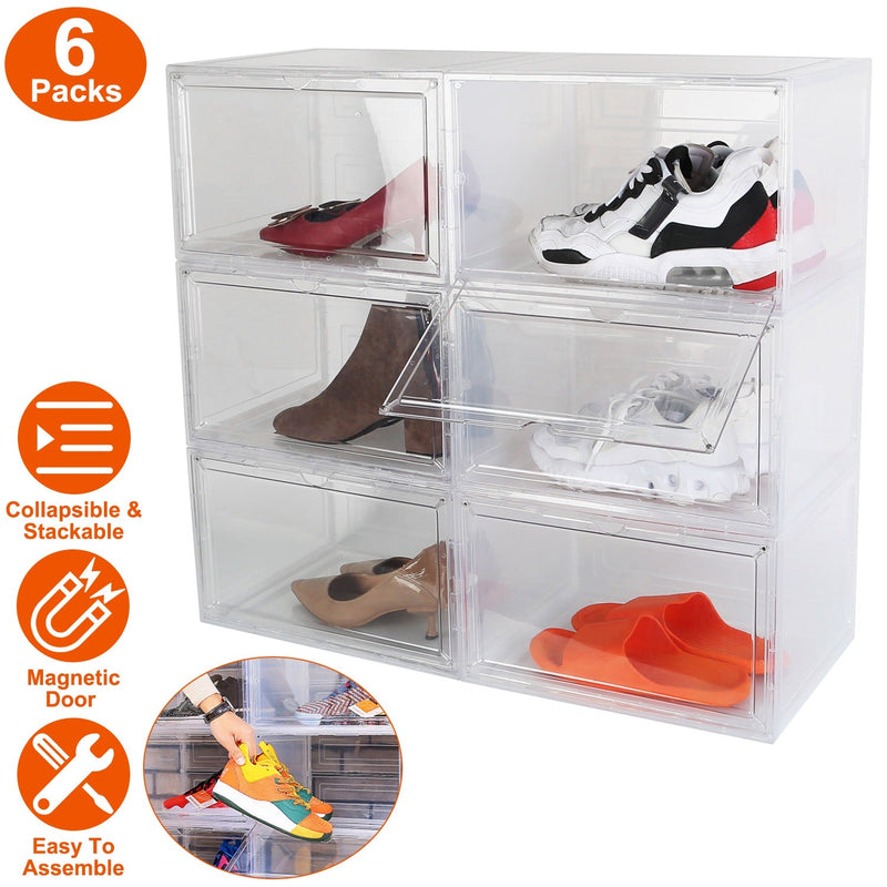 6-Pack: Collapsible Shoe Box Stackable Shoe Storage Bin with Magnetic Door Closet & Storage - DailySale