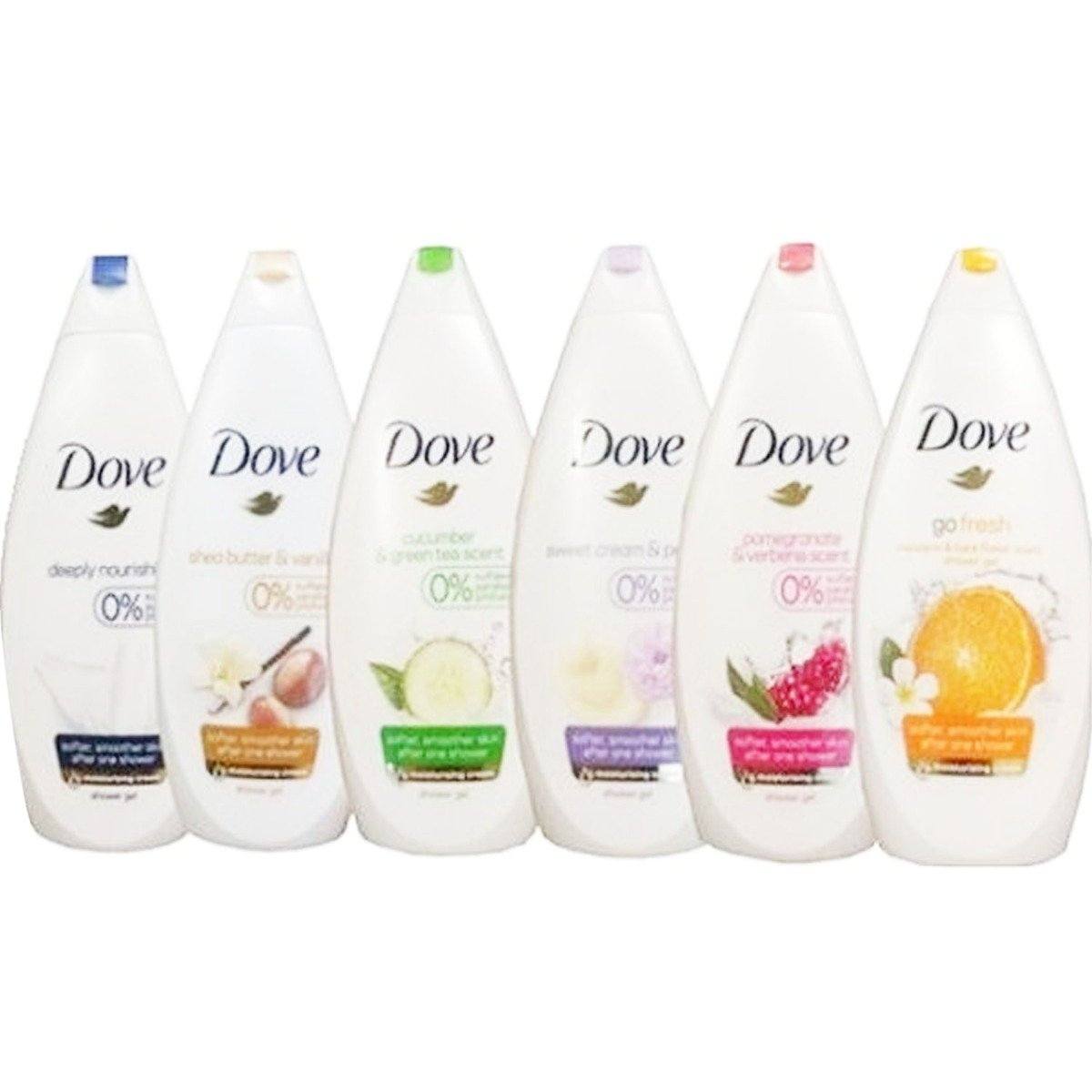 6-Pack Dove Body Wash Shower Gel on white wooden table