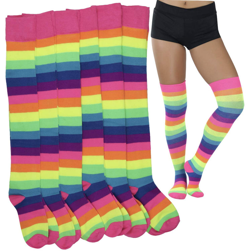 6-Pack: ToBeInStyle Women's Bright Rainbow Striped Thigh High Rave Stockings