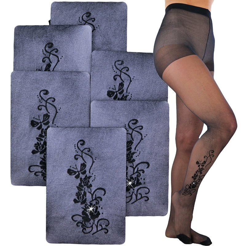 6-Pack: ToBeInStyle Women's Full Length Black Pantyhose with Ankle Print Design
