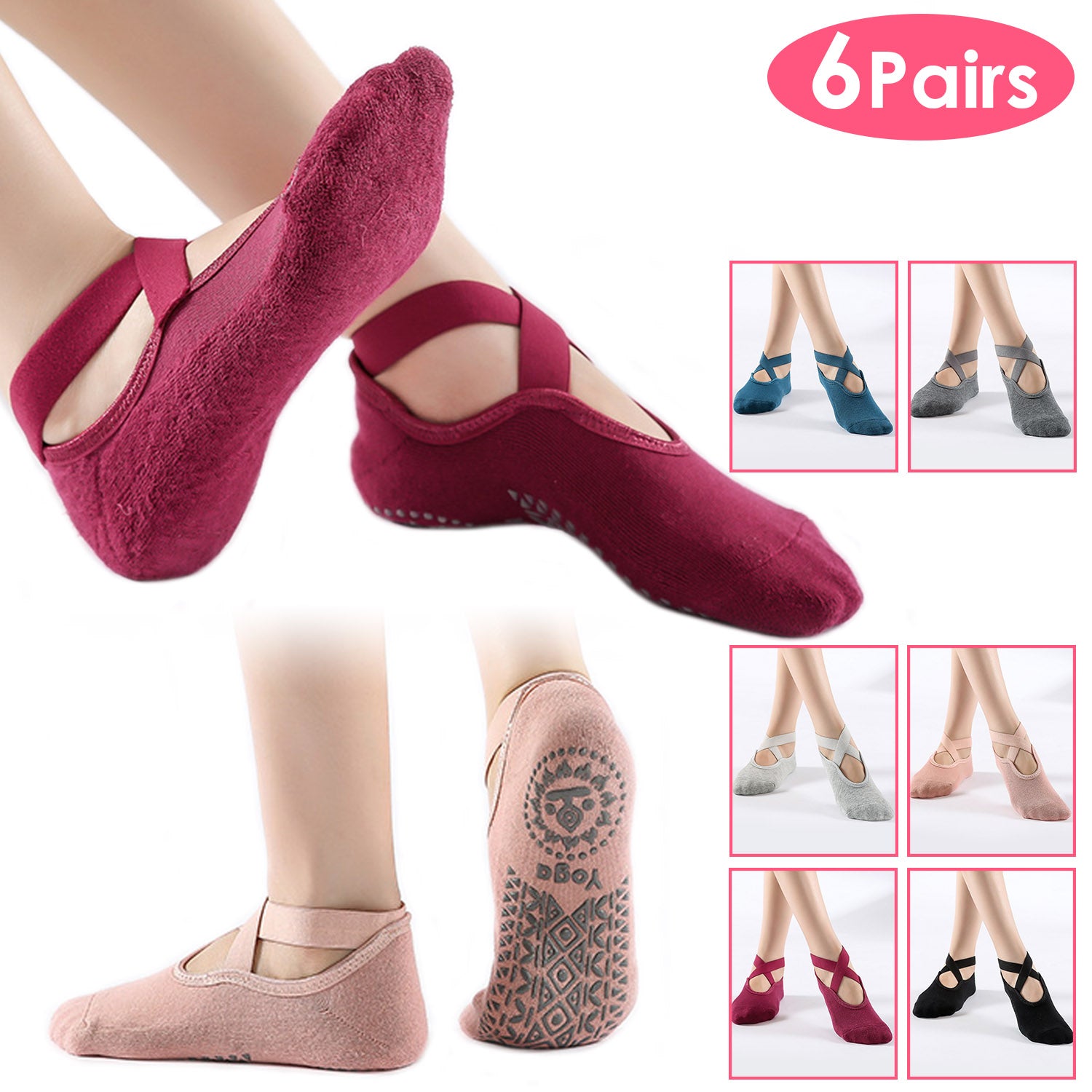 6-Pack: Women Yoga Socks with Straps Non-Slip Grips Women's Shoes & Accessories - DailySale