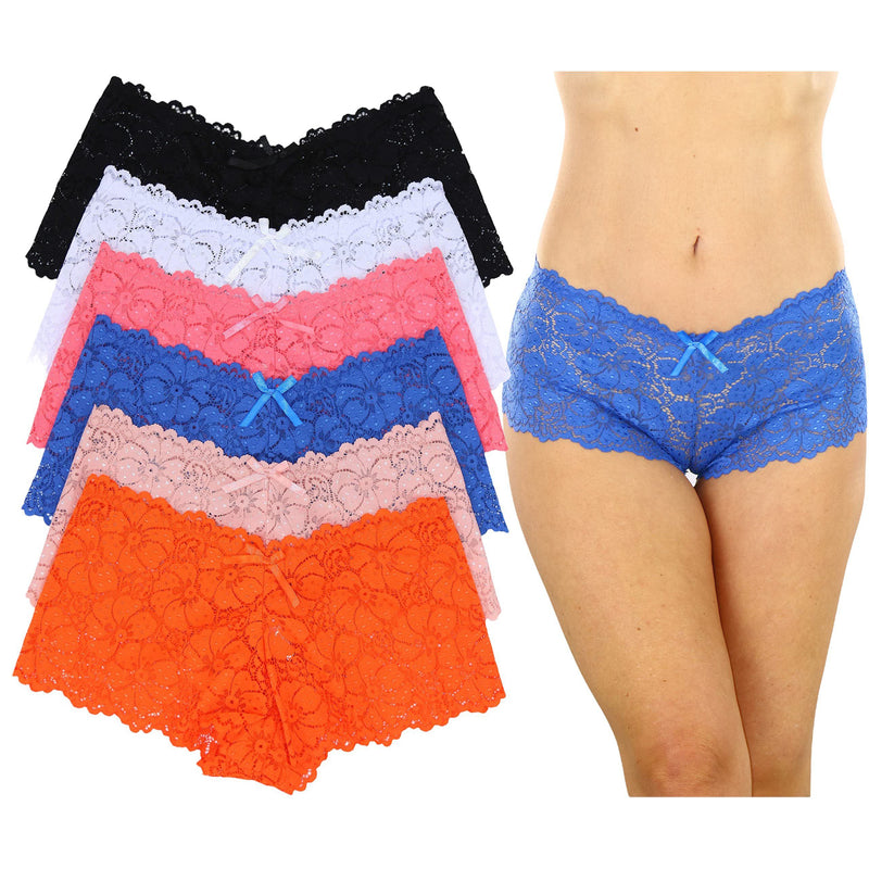 6-Pack: Women's Floral Lace Boyshort Panties with Ribbon Women's Lingerie - DailySale
