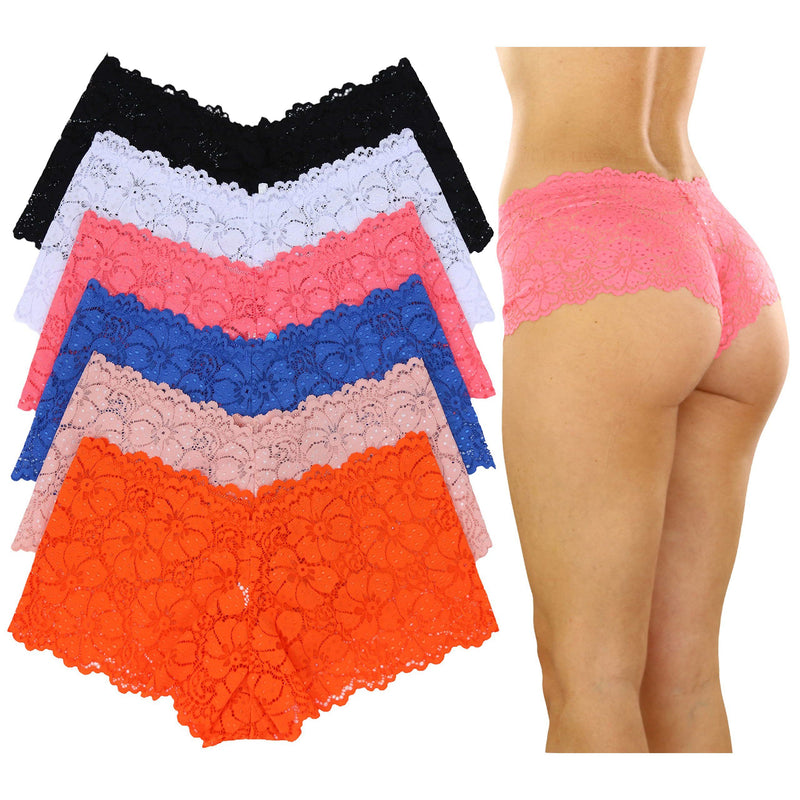 6-Pack: Women's Floral Lace Boyshort Panties with Ribbon Women's Lingerie S - DailySale