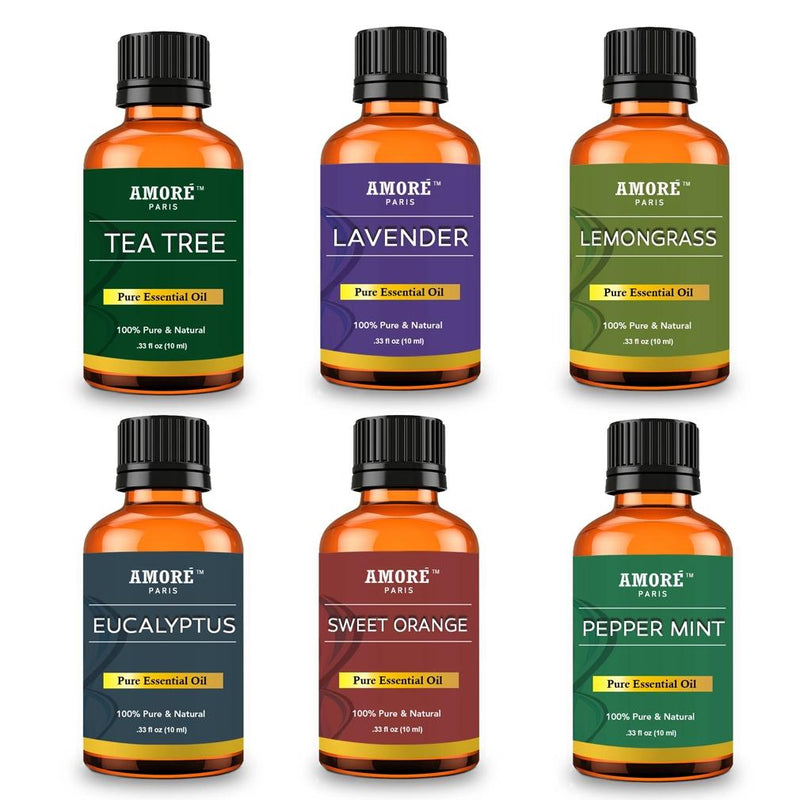 6-Piece Aromatherapy Therapeutic Grade Essential Oils Gift Set, showing the following scents: Tea Tree, Lavender, Lemongrass, Eucalyptus, Sweet Orange, and Peppermint