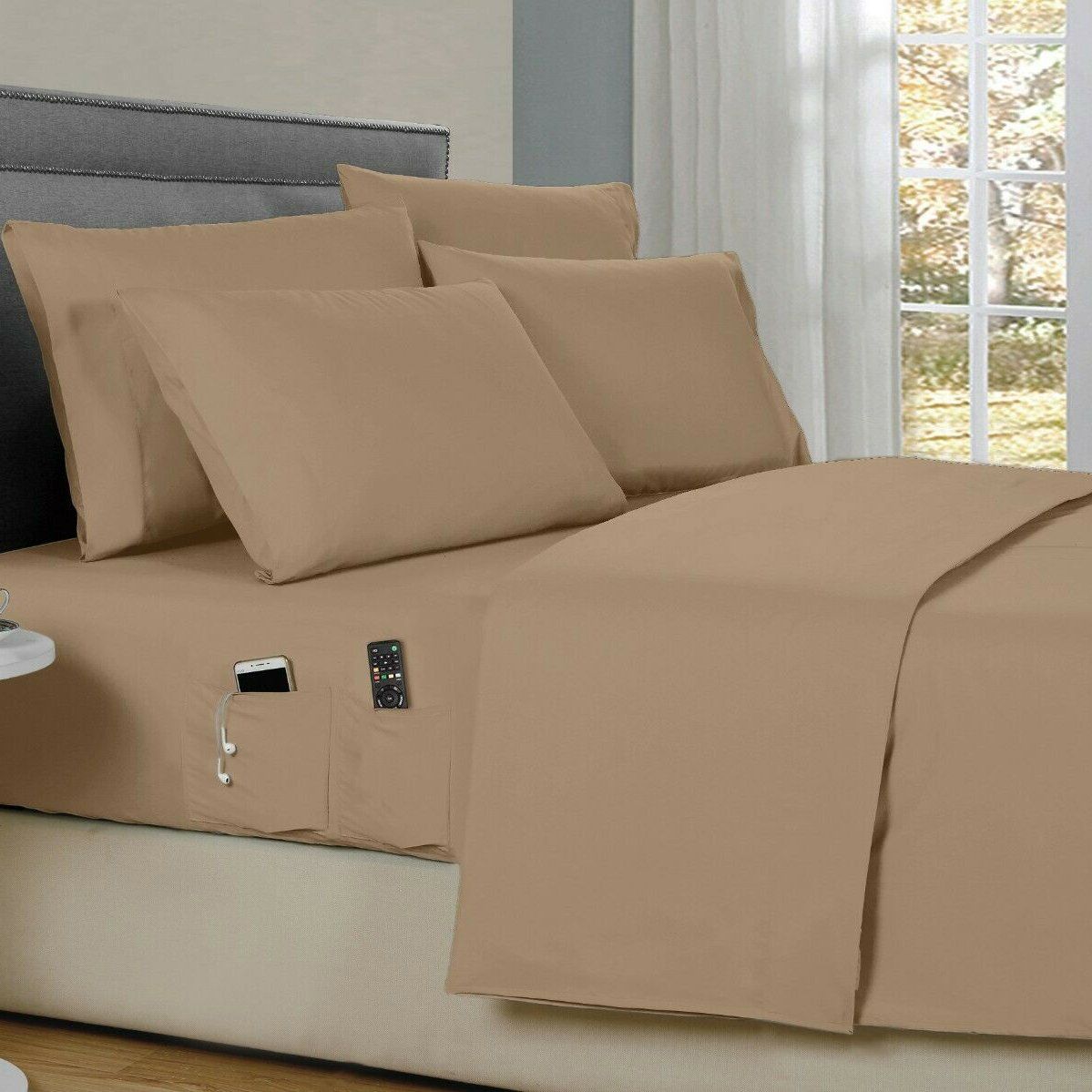 6-Piece: Bamboo Smart Sheet Set With Storage Pocket Bedding Twin Taupe - DailySale