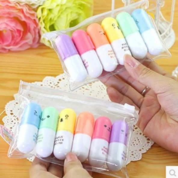 6-Piece: Cute Pill Shape Mini Highlighter Marker Art & Craft Supplies - DailySale