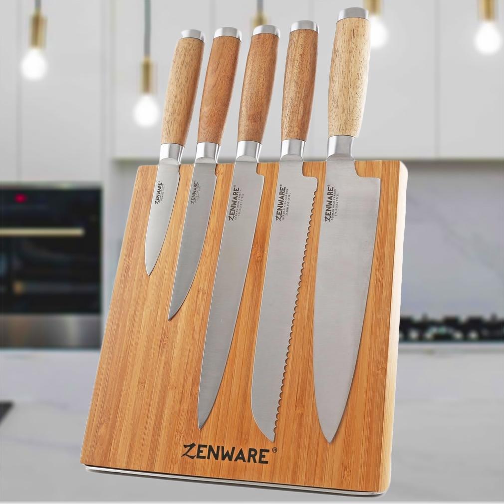 6-Piece: Zenware German Stainless Steel Kitchen Knives Set with Bamboo Magnetic Block Kitchen Essentials - DailySale