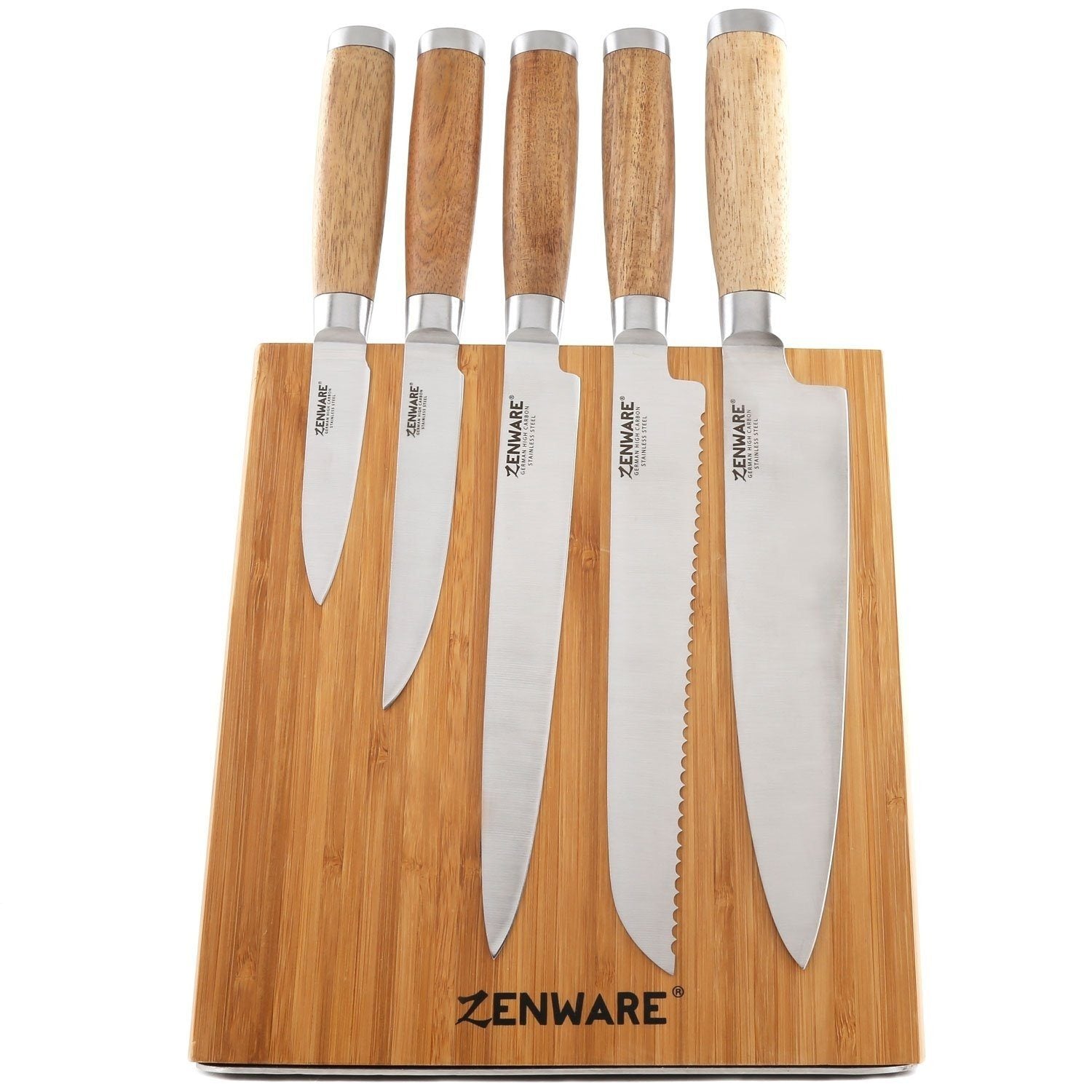 6-Piece: Zenware German Stainless Steel Kitchen Knives Set with Bamboo Magnetic Block Kitchen Essentials - DailySale