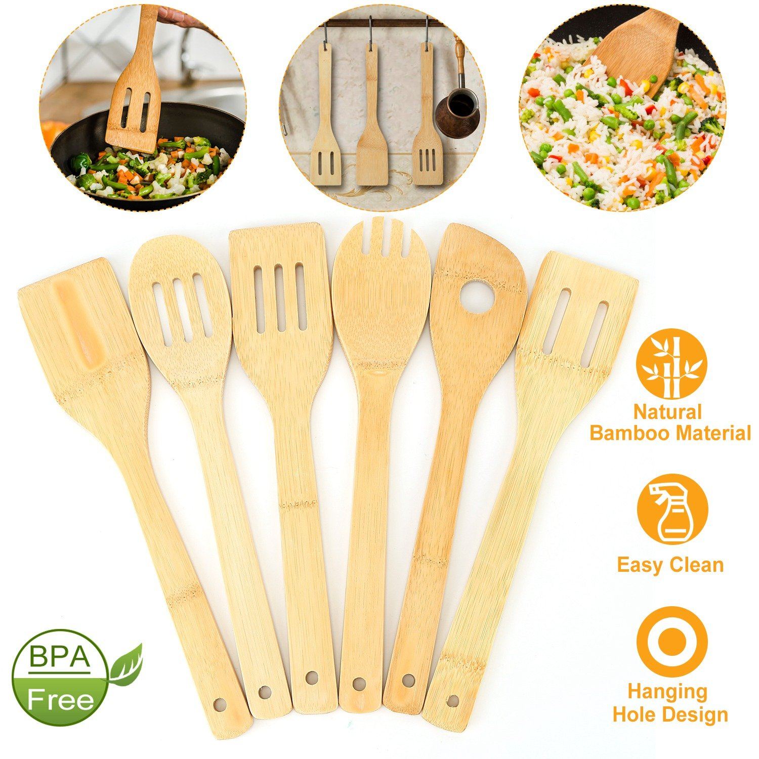 6-Pieces: Cooking Utensil Bamboo Wooden Spoons Kitchen & Dining - DailySale