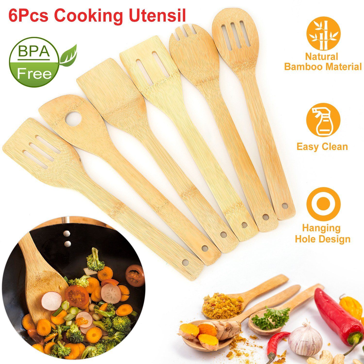 6-Pieces: Cooking Utensil Bamboo Wooden Spoons Kitchen & Dining - DailySale