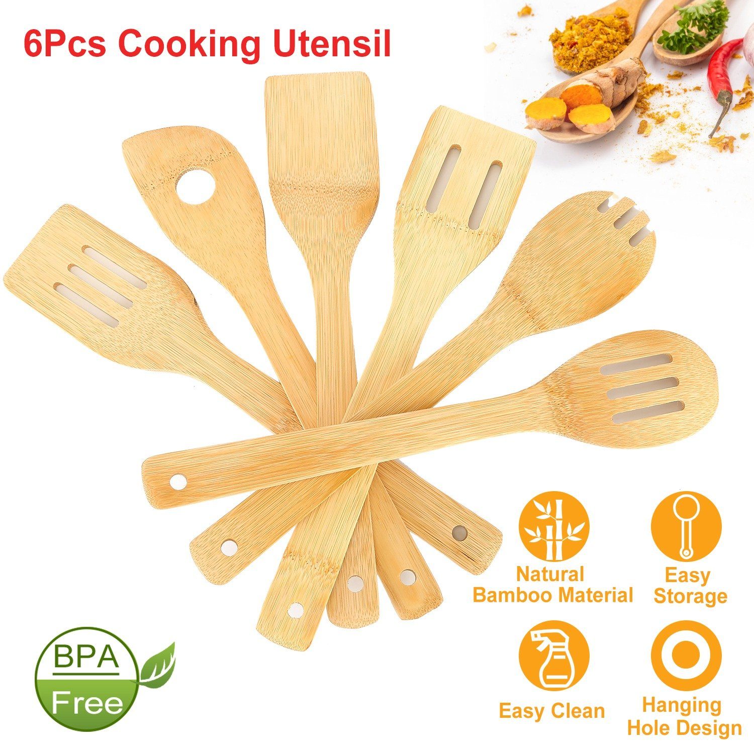 6-Pieces: Cooking Utensil Bamboo Wooden Spoons Kitchen & Dining - DailySale