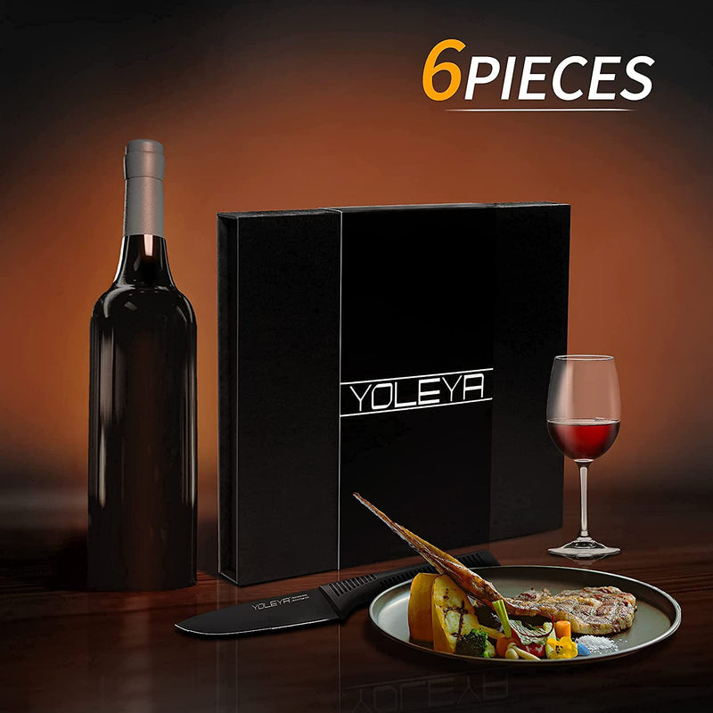 6-Pieces Set: YOLEYA High Carbon German Stainless Steel Black Serrated Steak Knife Set Kitchen Tools & Gadgets - DailySale