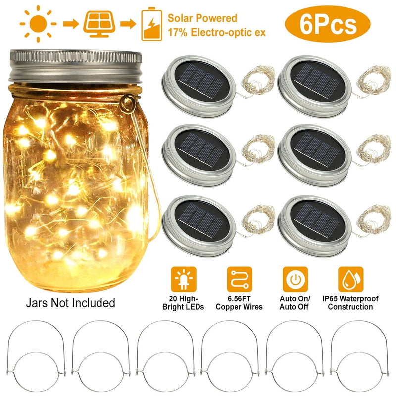 6-Pieces: Solar Powered Mason Jar Lid Lights 20 LEDs String & Fairy Lights - DailySale