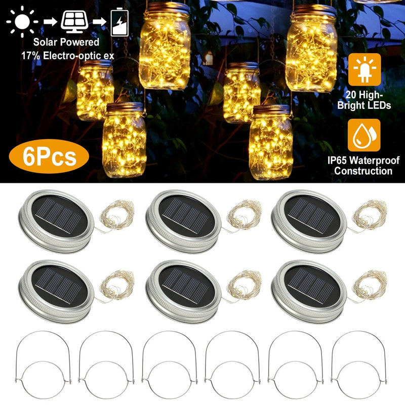 6-Pieces: Solar Powered Mason Jar Lid Lights 20 LEDs String & Fairy Lights - DailySale