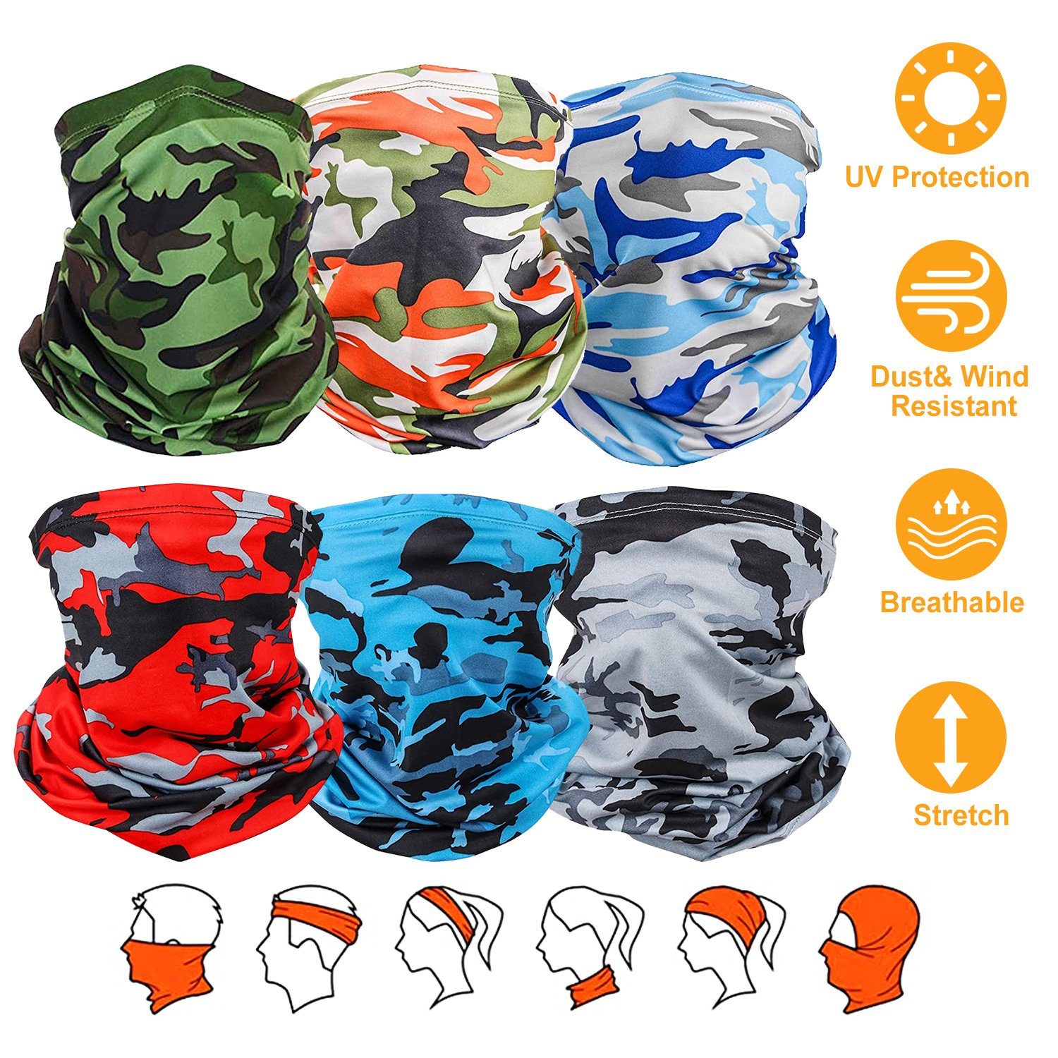 6-Pieces: Summer Neck Gaiter UV Sunscreen Protection Face Mask Scarf Face Masks & PPE - DailySale