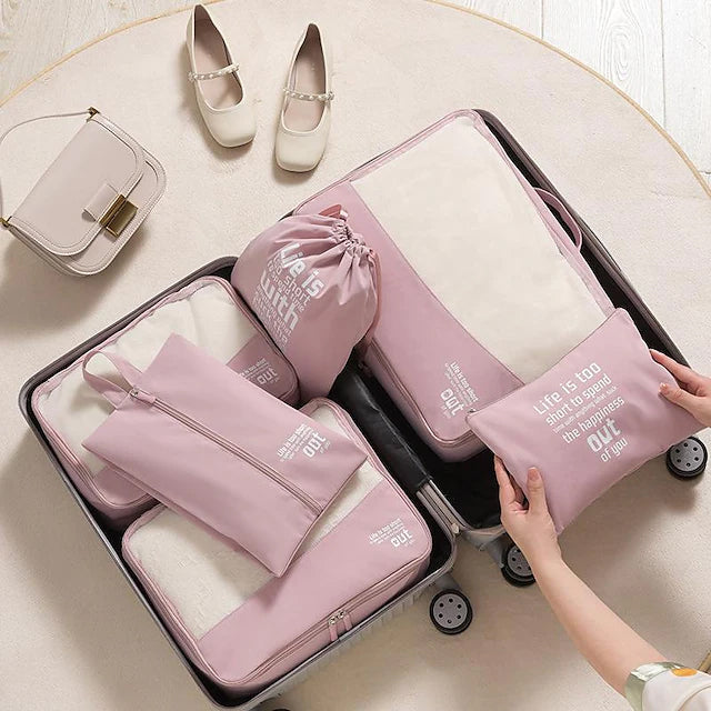 6-Pieces: Travel Luggage Organizers Set Packing Cubes with Shoe Bag Cosmetics Accessories Bags & Travel Pink - DailySale