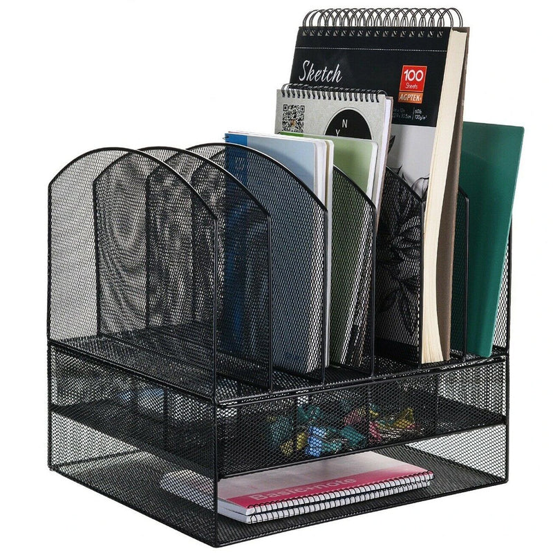 6 Trays 2 Tier Mesh Desk File Sorter Organizer Office Document Holder with Drawer Everything Else - DailySale