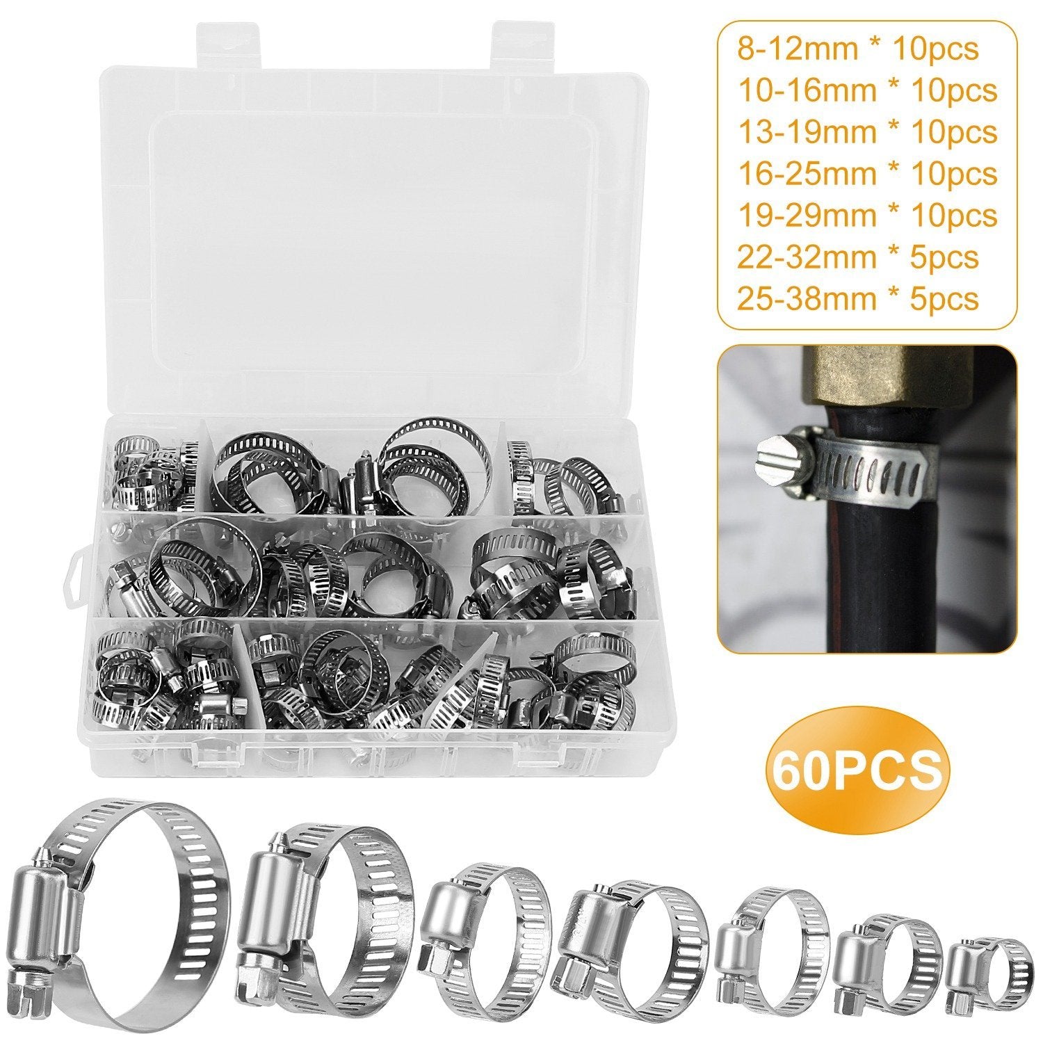 60-Pieces: Hose Clamp Stainless Steel Adjustable Worm Gear Automotive - DailySale