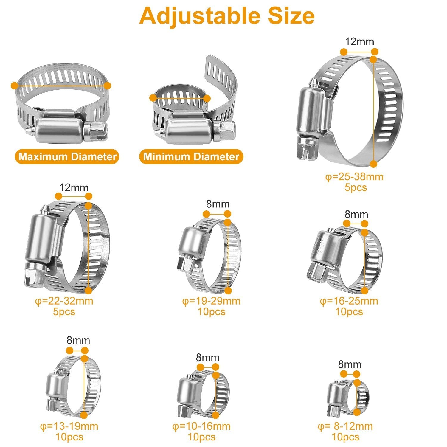 60-Pieces: Hose Clamp Stainless Steel Adjustable Worm Gear Automotive - DailySale