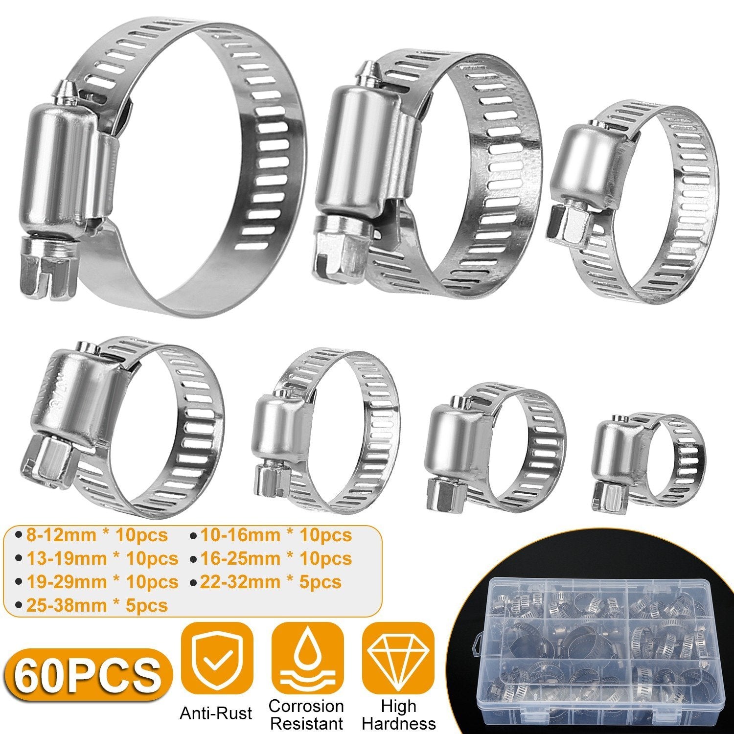 60-Pieces: Hose Clamp Stainless Steel Adjustable Worm Gear Automotive - DailySale