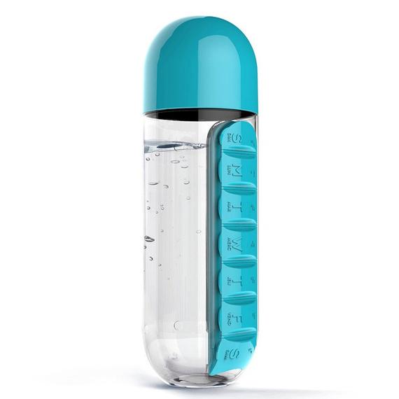 7-Day Pill Tablet Medicine Organizer Water Drink Bottle Holder Box Wellness Blue - DailySale