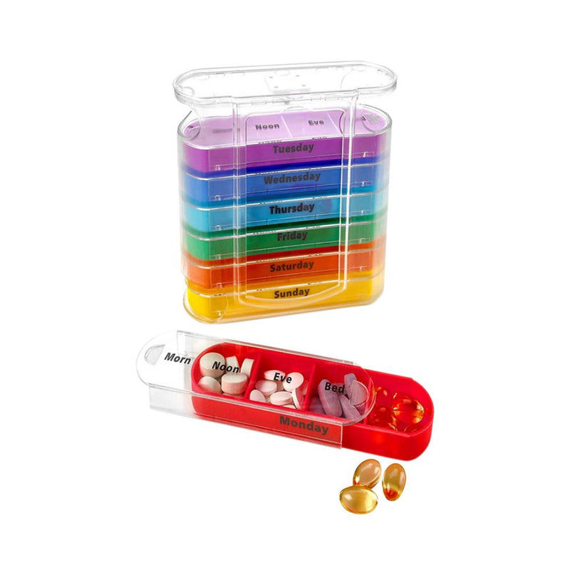 Closeup of a pill box full of pills in front on a 7 Day Stackable Pill Box Dispenser