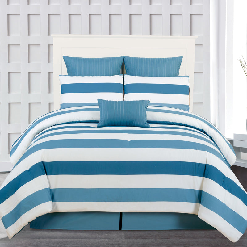 7-Piece: Cabana Stripe Reversible Hypoallergenic Comforter Set Bedding Blue Navy Queen - DailySale