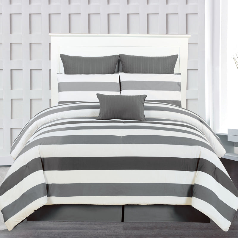 7-Piece: Cabana Stripe Reversible Hypoallergenic Comforter Set Bedding Charcoal Gray Queen - DailySale