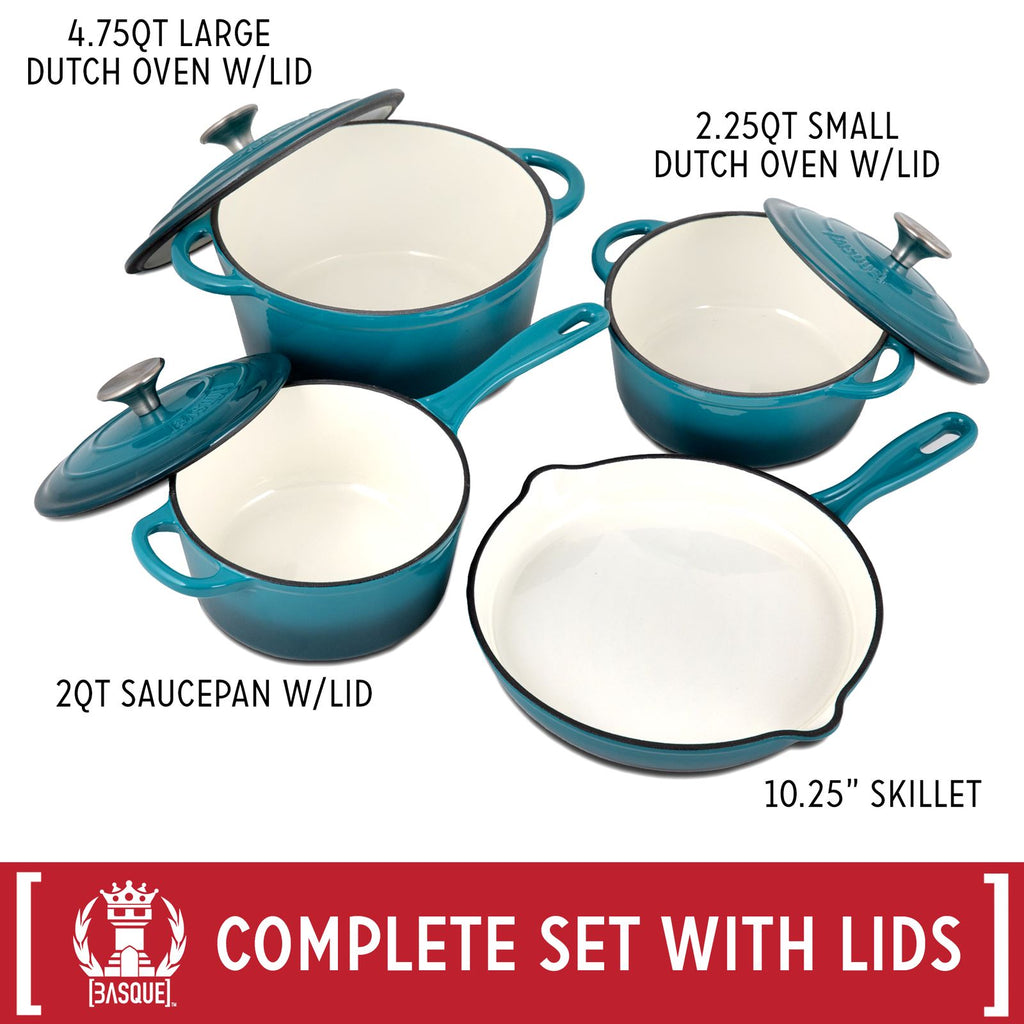 Enameled Cast Iron Dutch Oven Pre-seasoned Pot with Lid & Handles, 4 Quart  Enamel Coated Cookware Pot with Silicone Handles and Mat for Cooking,  Basting, or Baking, Blue