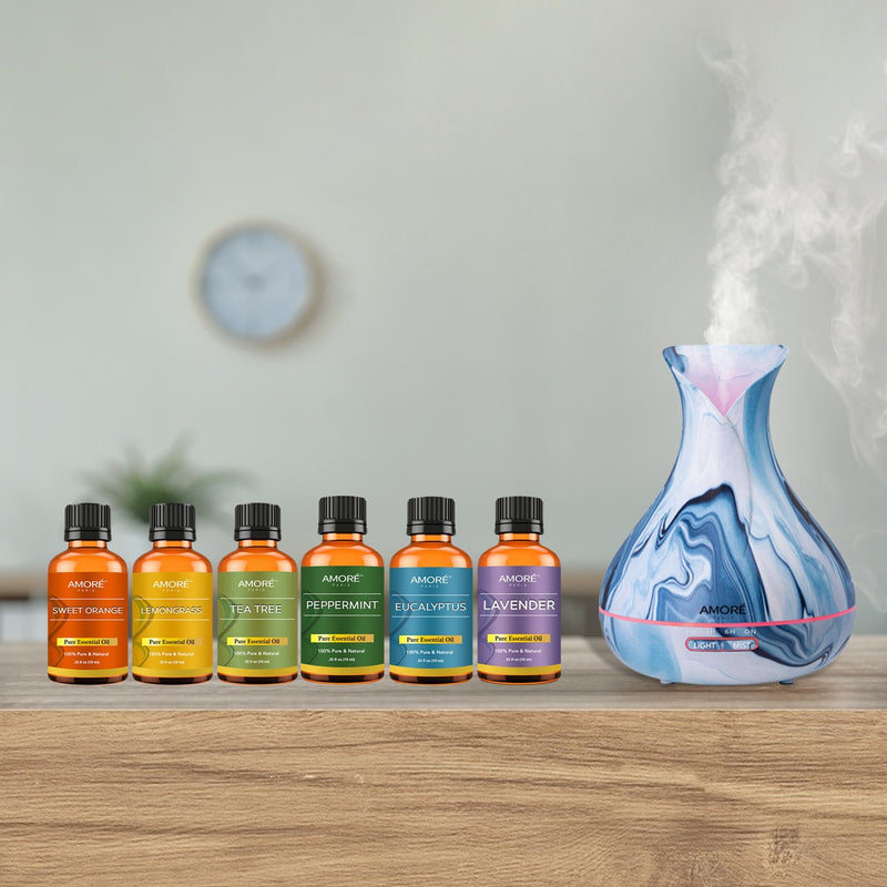 7-Piece Set: Hydro Dipped Ultrasonic Aromatherapy Diffuser With Essential Oil Gift Set
