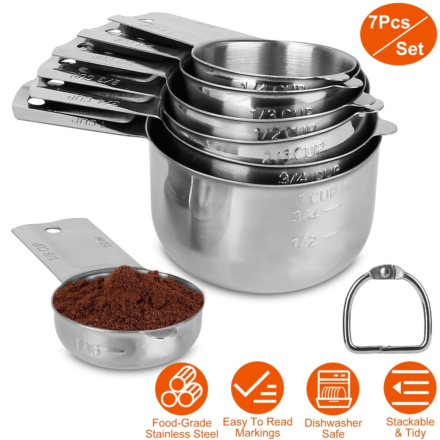 7Pcs Measuring Cups Set, Stainless Steel Measuring Cups & Spoons Set,  Stackable Measuring Cups with Coffee Spoon, Professional Heavy Duty  Measuring