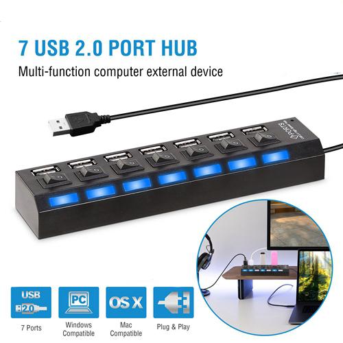 7 Port USB 2.0 Hub High Speed Multiport Computer Accessories - DailySale