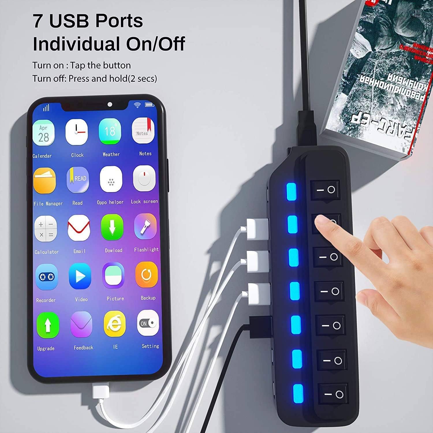 7 Port USB Data Hub 3.0 with Individual On/Off Switches and Lights Computer Accessories - DailySale