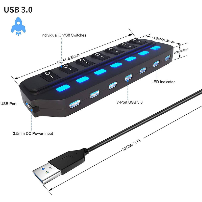 7 Port USB Data Hub 3.0 with Individual On/Off Switches and Lights Computer Accessories - DailySale