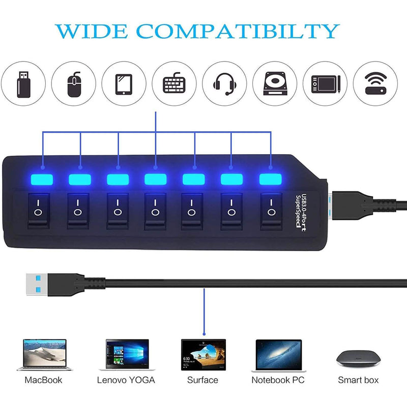7 Port USB Data Hub 3.0 with Individual On/Off Switches and Lights Computer Accessories - DailySale