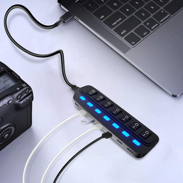 7 Port USB Data Hub 3.0 with Individual On/Off Switches and Lights Computer Accessories - DailySale