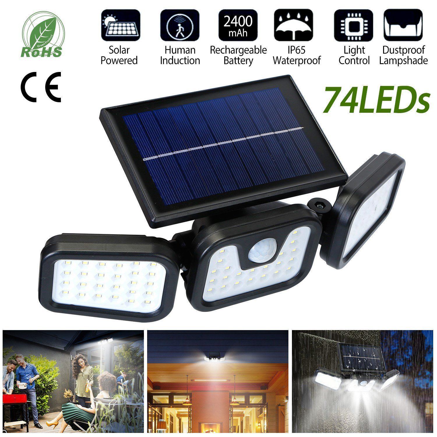 74 LEDs 3 Adjustable Solar Head Motion Sensor Flood Light Outdoor Lighting - DailySale