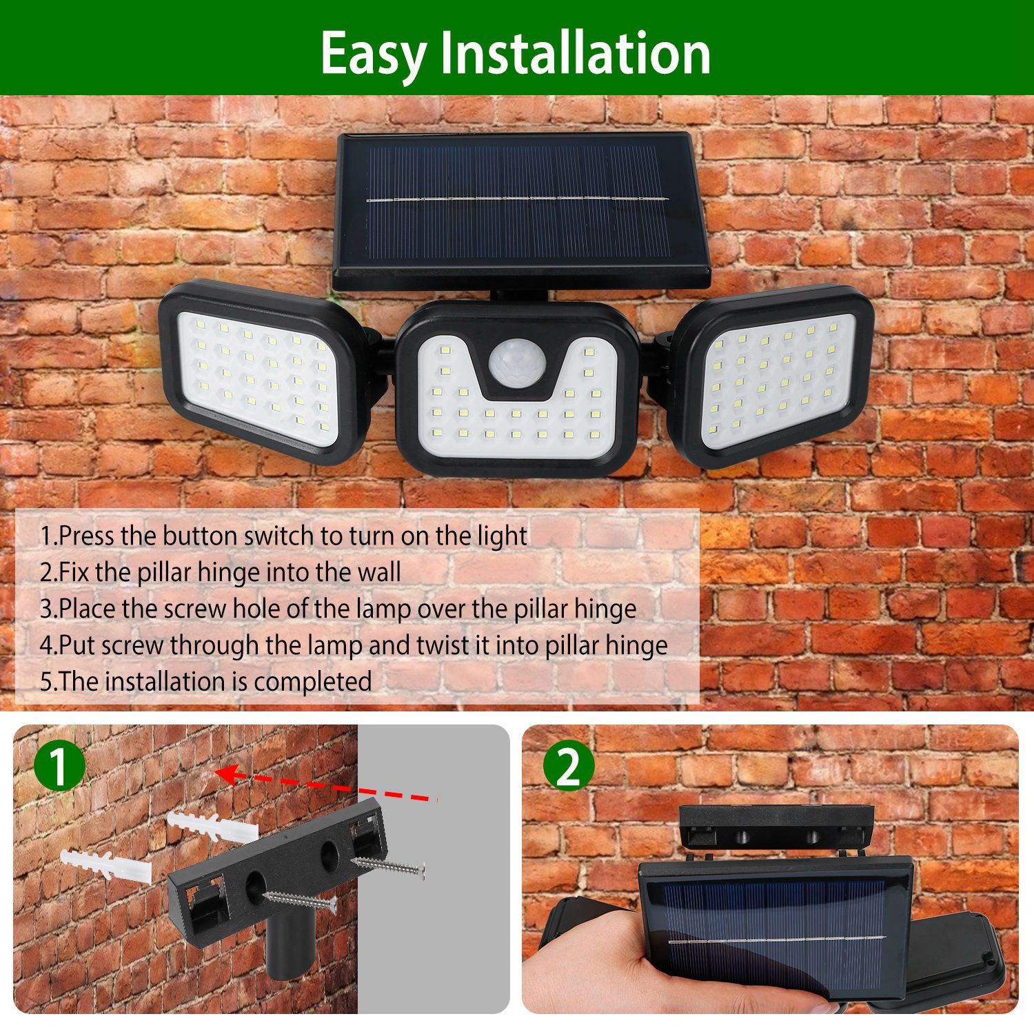 74 LEDs 3 Adjustable Solar Head Motion Sensor Flood Light Outdoor Lighting - DailySale