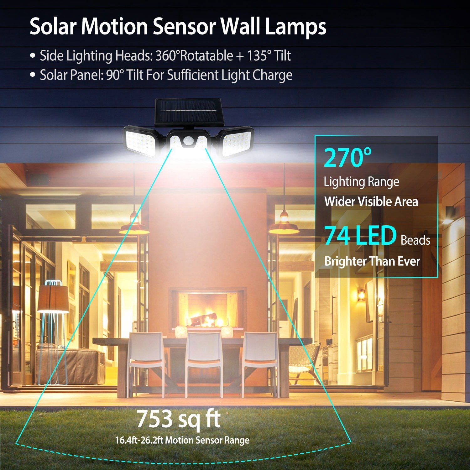 74 LEDs 3 Adjustable Solar Head Motion Sensor Flood Light Outdoor Lighting - DailySale