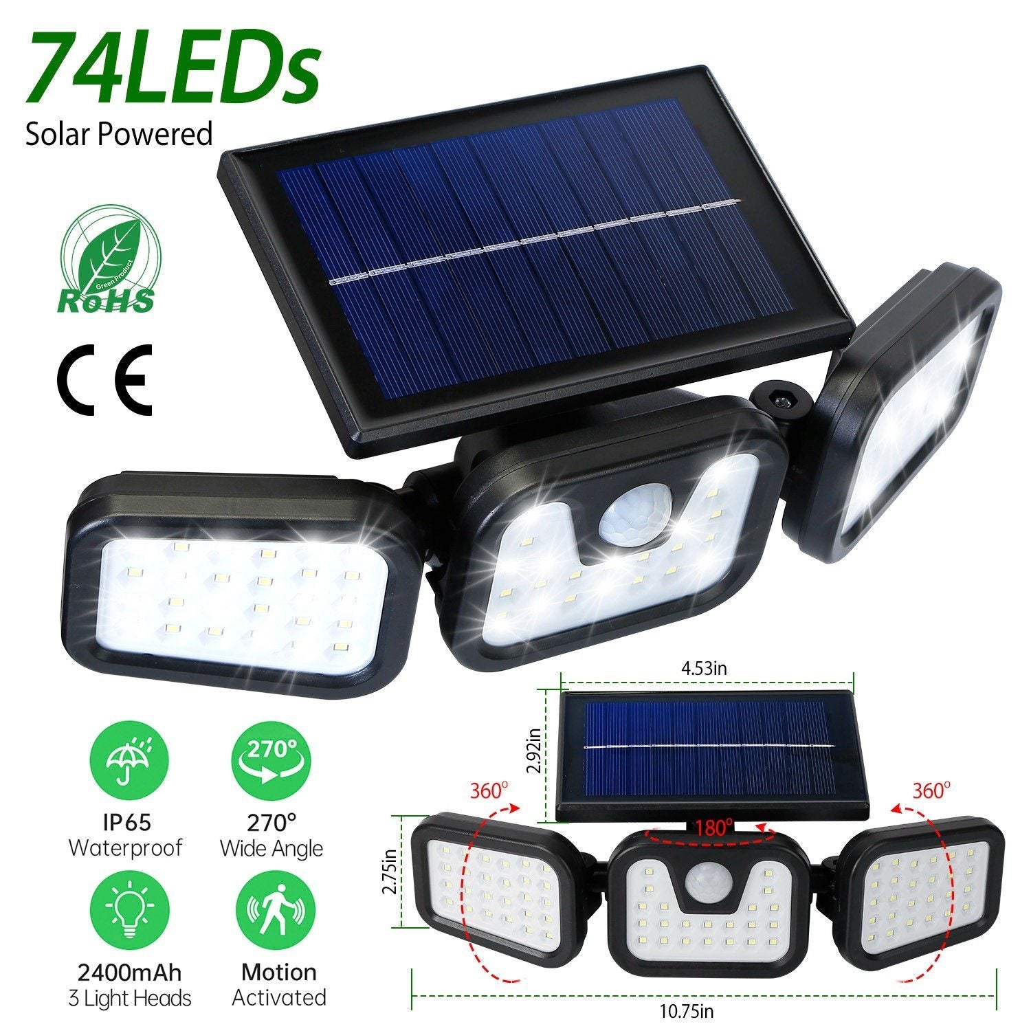 74 LEDs 3 Adjustable Solar Head Motion Sensor Flood Light Outdoor Lighting - DailySale