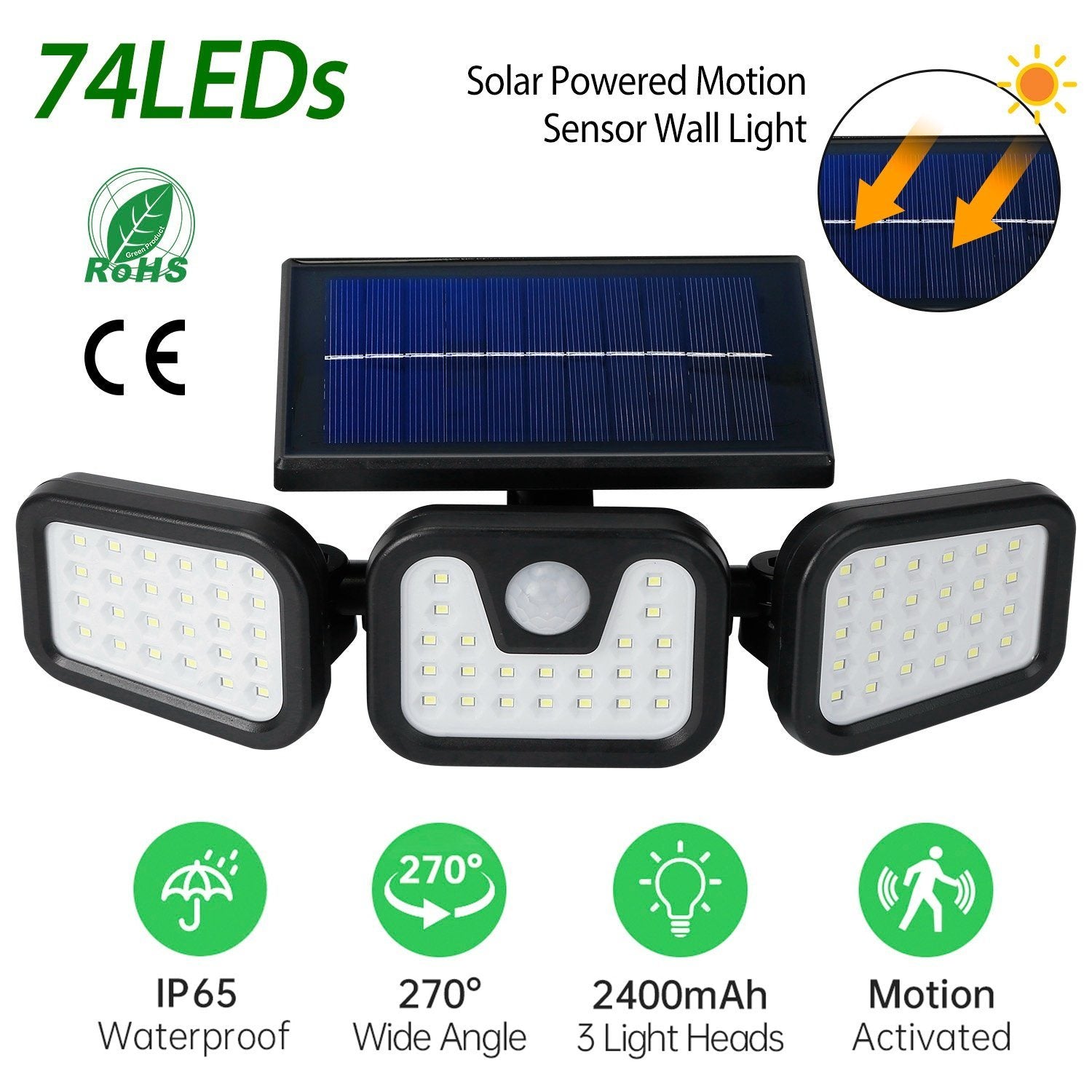 74 LEDs 3 Adjustable Solar Head Motion Sensor Flood Light Outdoor Lighting - DailySale