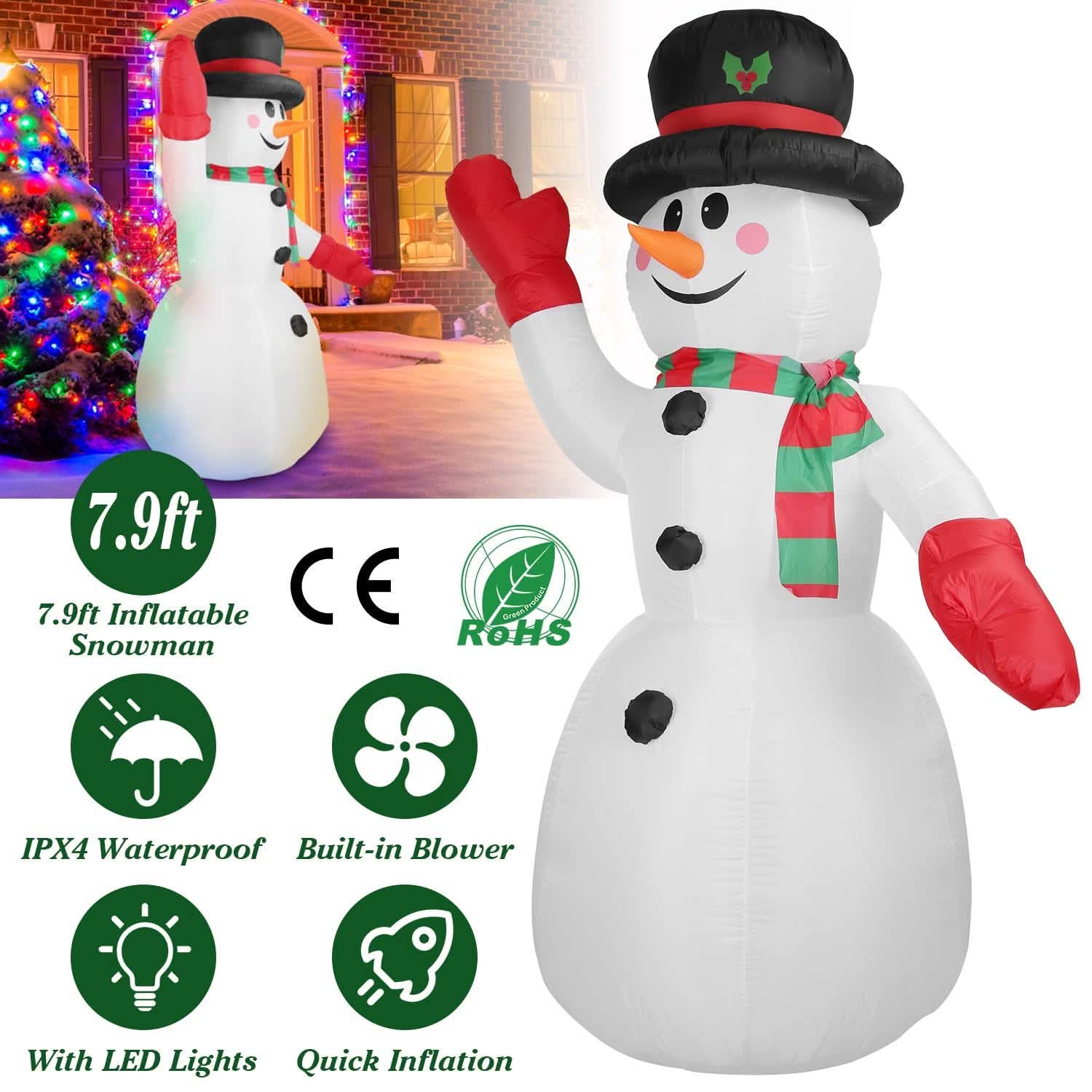 7.9ft Christmas Inflatable Giant Snowman Blow Up with LED Lights Hat Scarf Holiday Decor & Apparel - DailySale