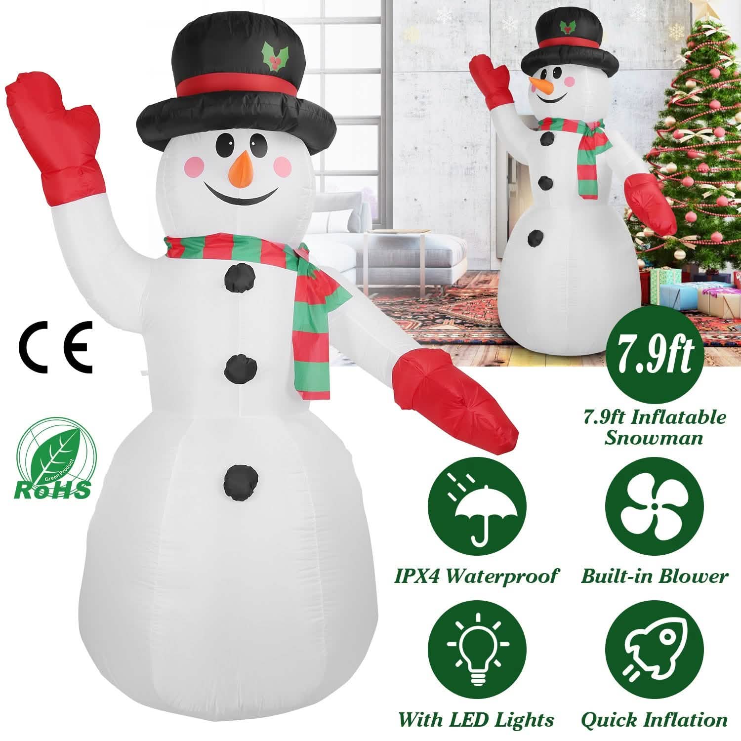 7.9ft Christmas Inflatable Giant Snowman Blow Up with LED Lights Hat Scarf Holiday Decor & Apparel - DailySale