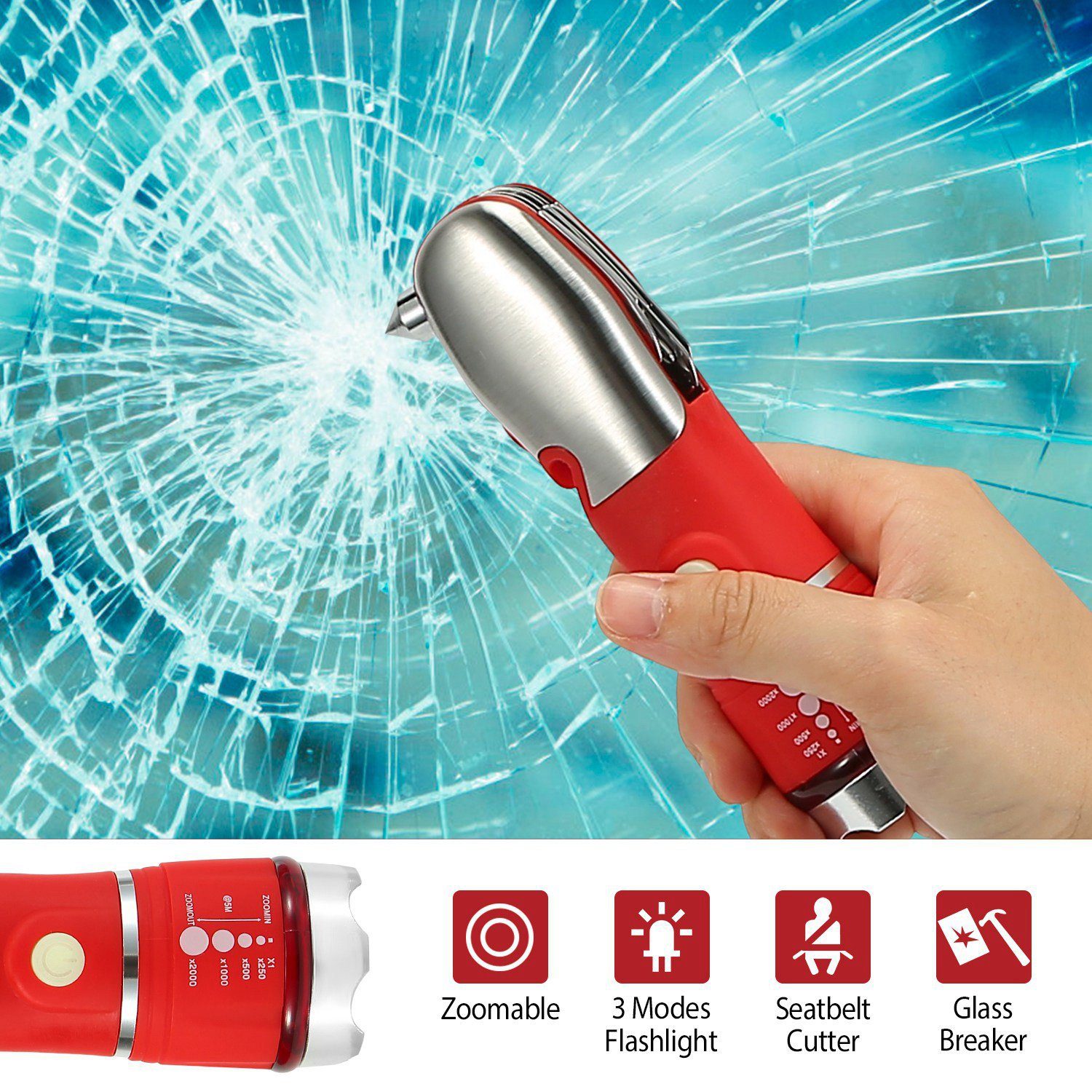 8-in-1 Multi-Tool Hammer Zoomable Emergency Flashlight Sports & Outdoors - DailySale